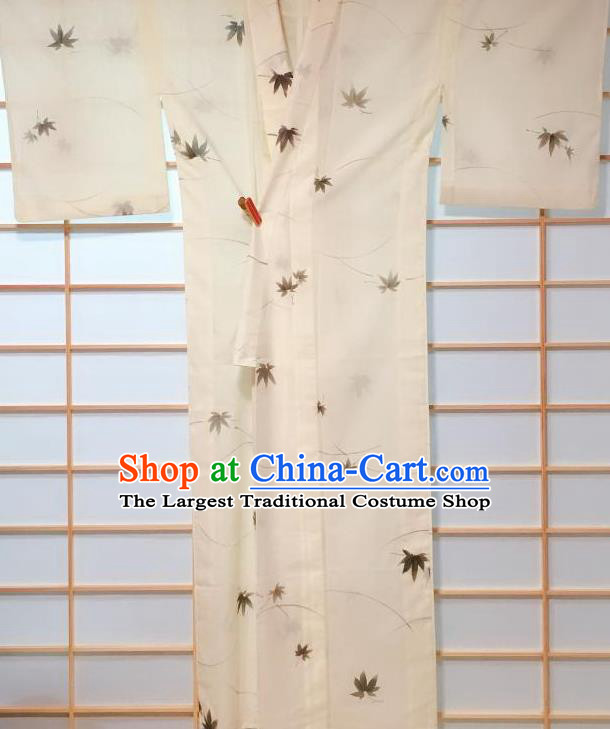 Japanese Classical Maple Leaf Pattern Beige Kimono Japan Traditional Yukata Dress Costume for Women