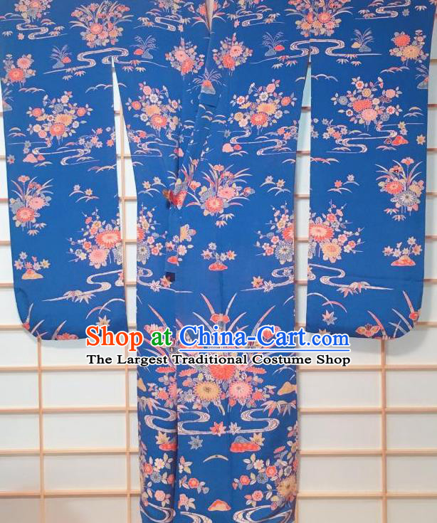 Japanese Classical Chrysanthemum Orchid Pattern Blue Furisode Kimono Japan Traditional Yukata Dress Costume for Women