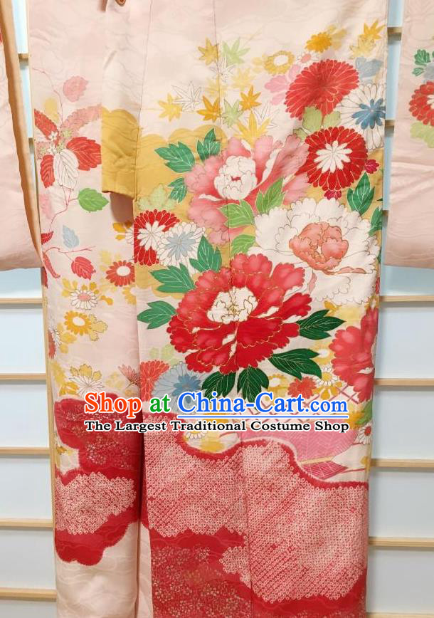 Japanese Classical Peony Chrysanthemum Pattern Pink Furisode Kimono Japan Traditional Yukata Dress Costume for Women