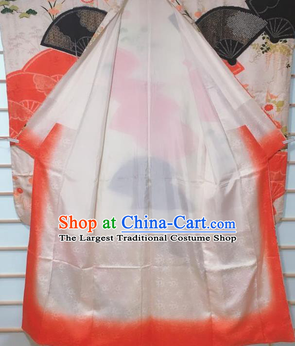 Japanese Classical Chrysanthemum Fan Pattern Beige Furisode Kimono Japan Traditional Yukata Dress Costume for Women