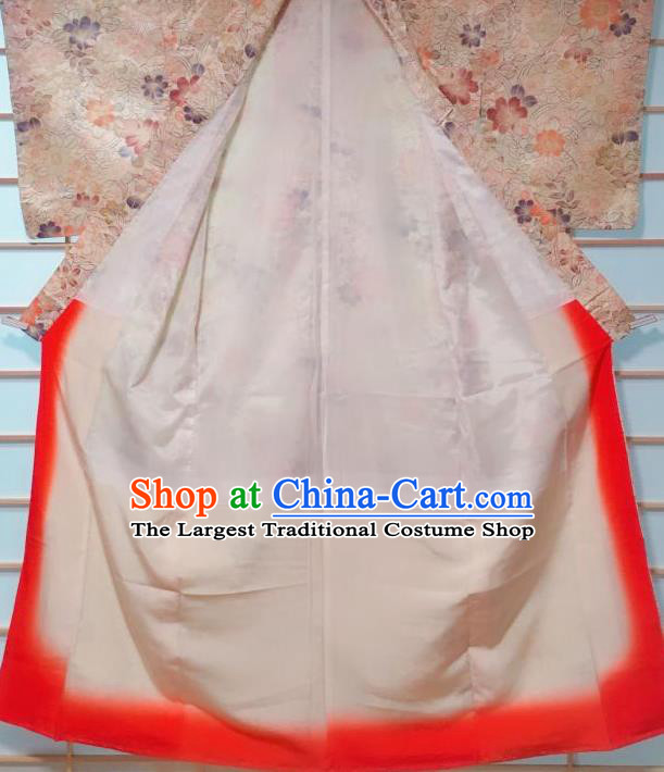 Japanese Classical Flowers Pattern Light Orange Kimono Japan Traditional Yukata Dress Costume for Women