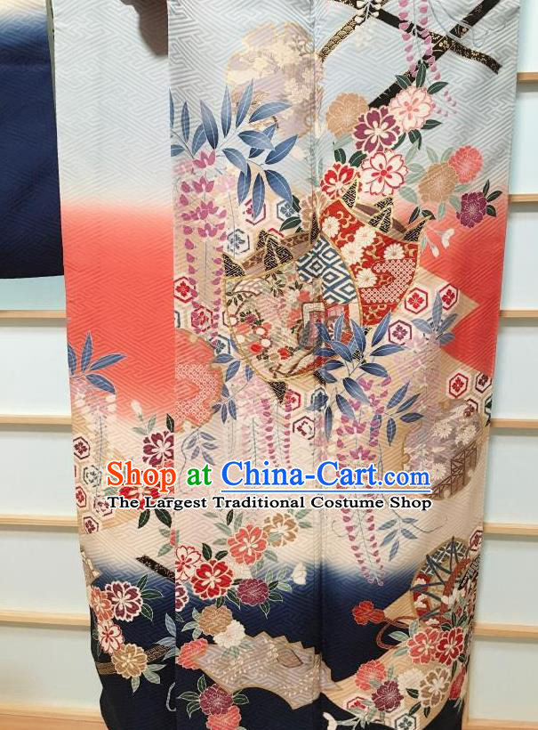 Traditional Japanese Light Blue Furisode Kimono Japan Classical Wisteria Pattern Yukata Dress Costume for Women