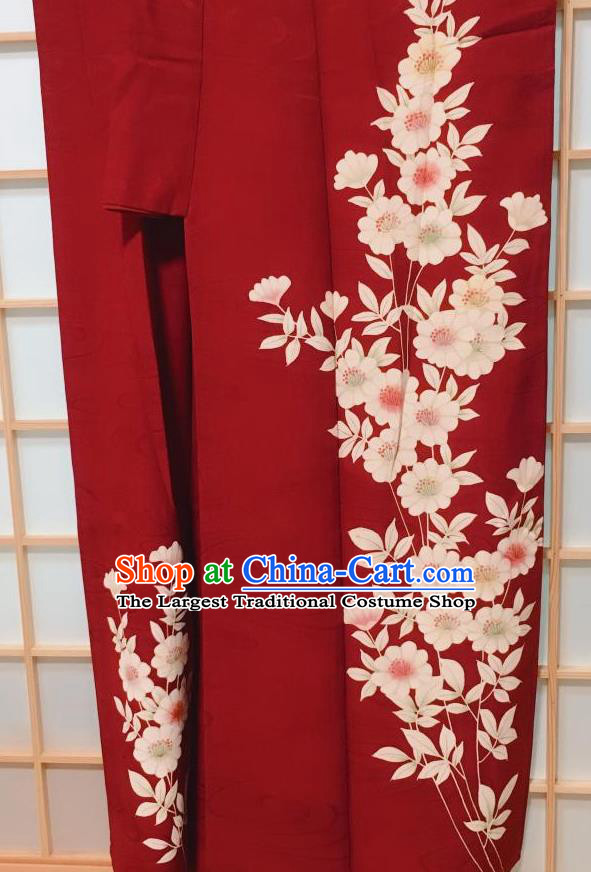 Traditional Japanese Red Tsukesage Kimono Japan Classical Daisy Pattern Yukata Dress Costume for Women