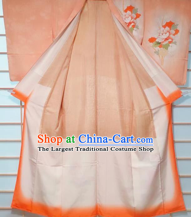 Traditional Japanese Orange Tsukesage Kimono Japan Classical Peony Pattern Yukata Dress Costume for Women