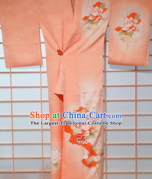 Traditional Japanese Orange Tsukesage Kimono Japan Classical Peony Pattern Yukata Dress Costume for Women