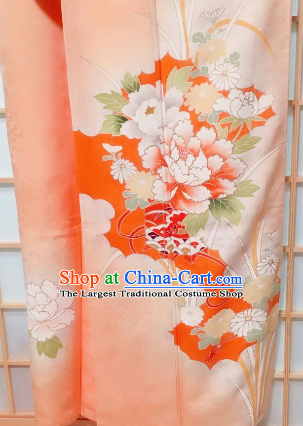Traditional Japanese Orange Tsukesage Kimono Japan Classical Peony Pattern Yukata Dress Costume for Women