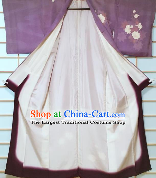 Traditional Japanese Violet Tsukesage Kimono Japan Classical Peony Pattern Yukata Dress Costume for Women