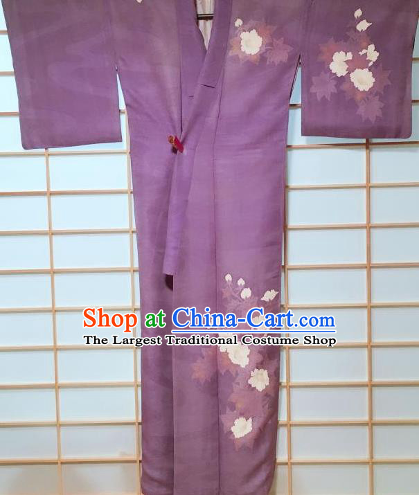 Traditional Japanese Violet Tsukesage Kimono Japan Classical Peony Pattern Yukata Dress Costume for Women