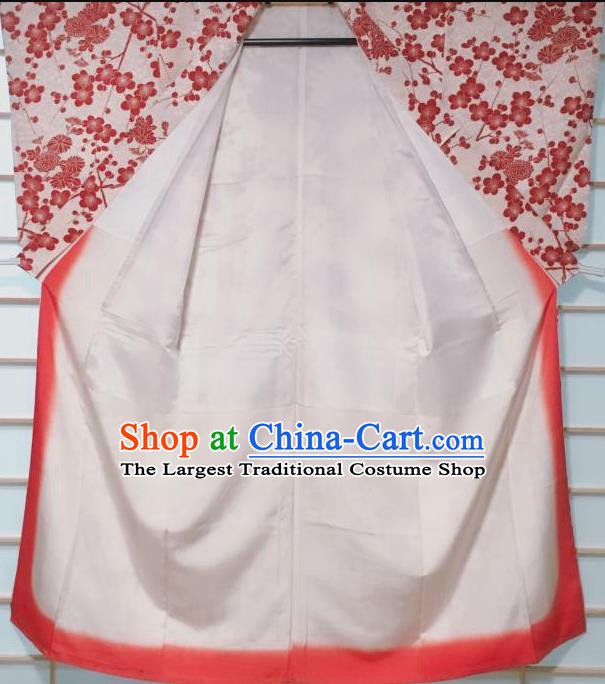 Traditional Japanese White Kimono Japan Classical Plum Chrysanthemum Pattern Yukata Dress Costume for Women