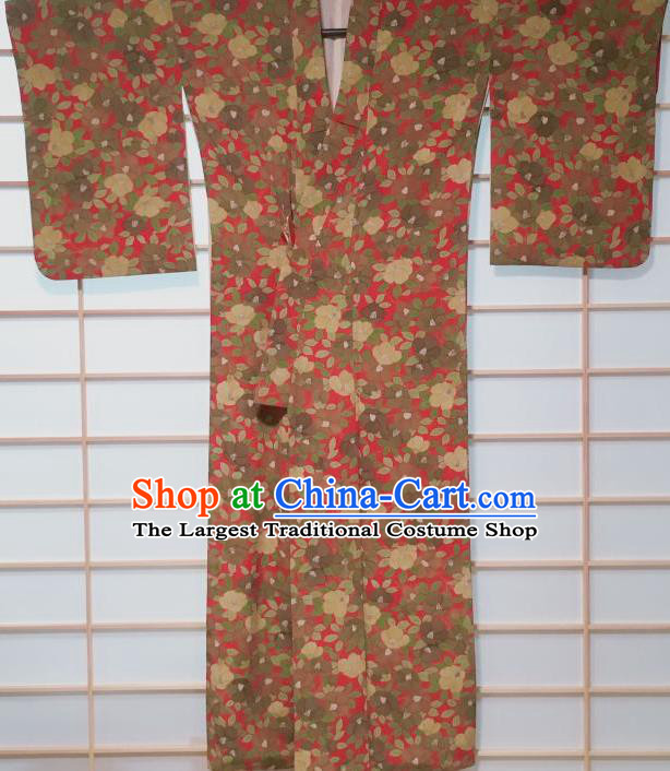 Traditional Japanese Rosy Kimono Japan Classical Camellia Pattern Yukata Dress Costume for Women