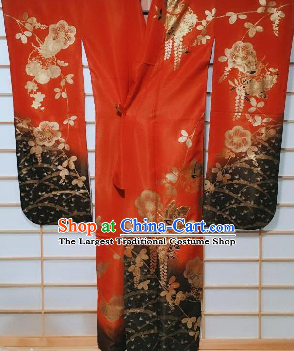 Traditional Japanese Red Furisode Kimono Japan Classical Butterfly Pattern Yukata Dress Costume for Women