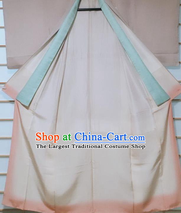 Traditional Japanese Embroidered Grey Tsukesage Kimono Japan Classical Grape Pattern Yukata Dress Costume for Women