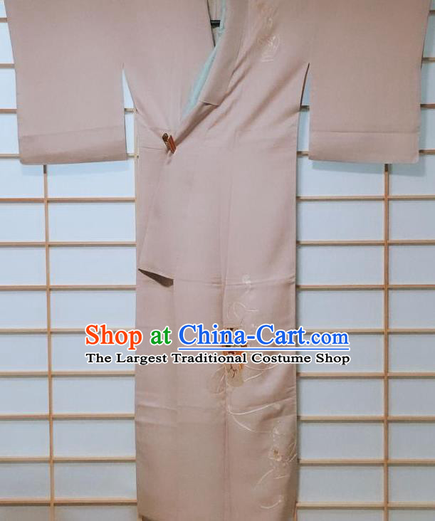 Traditional Japanese Embroidered Grey Tsukesage Kimono Japan Classical Grape Pattern Yukata Dress Costume for Women