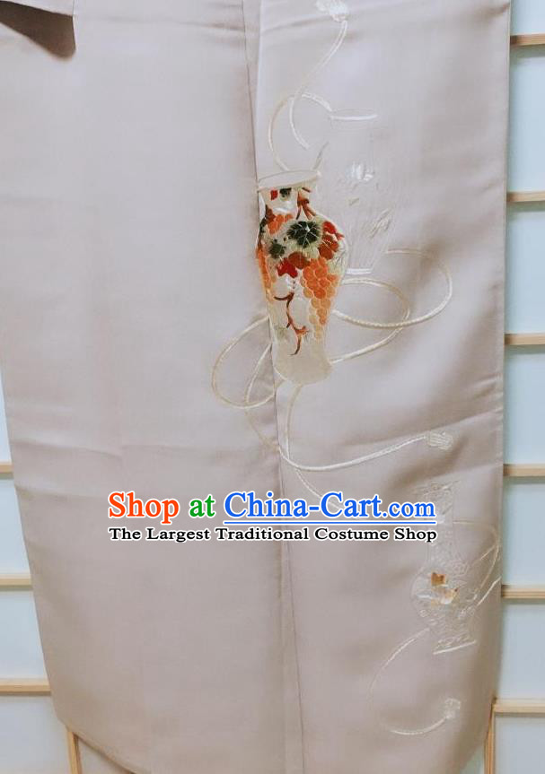 Traditional Japanese Embroidered Grey Tsukesage Kimono Japan Classical Grape Pattern Yukata Dress Costume for Women