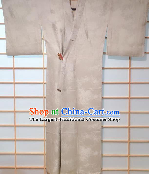 Traditional Japanese Light Grey Tsukesage Kimono Japan Classical Tree Pattern Yukata Dress Costume for Women