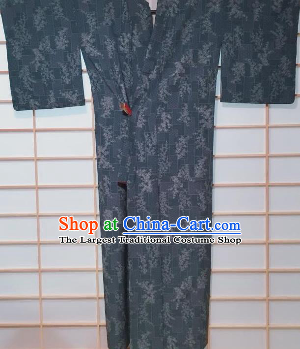 Traditional Japanese Grey Blue Tsukesage Kimono Japan Classical Flowers Pattern Yukata Dress Costume for Women