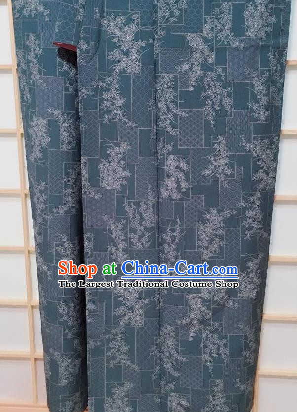Traditional Japanese Grey Blue Tsukesage Kimono Japan Classical Flowers Pattern Yukata Dress Costume for Women