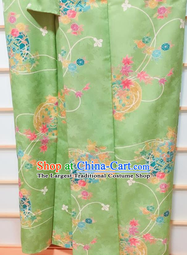 Traditional Japanese Green Kimono Japan Classical Maple Leaf Pattern Yukata Dress Costume for Women
