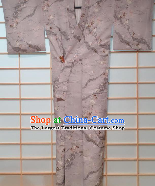 Traditional Japanese Grey Kimono Japan Classical Plum Blossom Pattern Yukata Dress Costume for Women