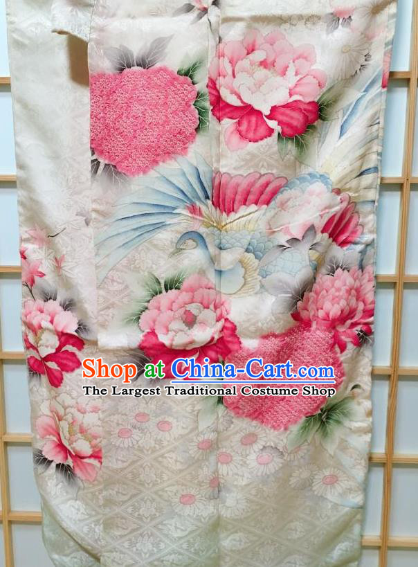 Traditional Japanese White Tsukesage Kimono Japan Classical Peacock Peony Pattern Yukata Dress Costume for Women