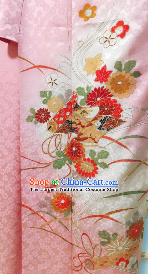 Traditional Japanese Pink Silk Tsukesage Kimono Japan Classical Chrysanthemum Pattern Yukata Dress Costume for Women