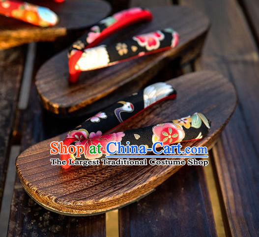 Traditional Japanese Crane Sakura Pattern Black Geta Slippers Asian Japan Clogs Shoes for Women