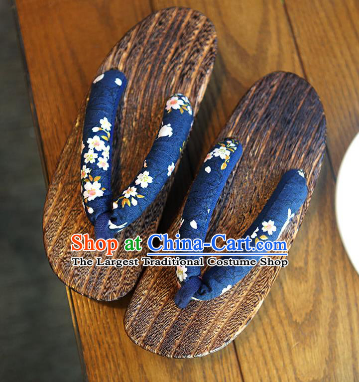 Traditional Japanese Sakura Pattern Deep Blue Geta Slippers Asian Japan Clogs Shoes for Women