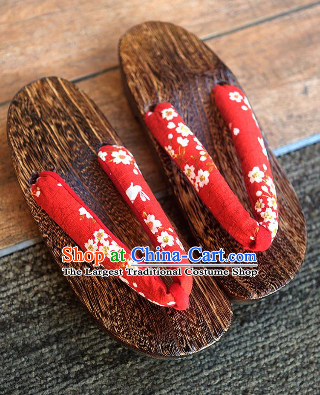 Traditional Japanese Sakura Pattern Red Geta Slippers Asian Japan Clogs Shoes for Women