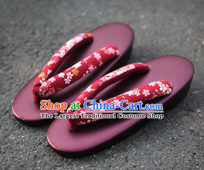 Traditional Japanese Sakura Pattern Wine Red Zori Geta Slippers Asian Japan Clogs Shoes for Women