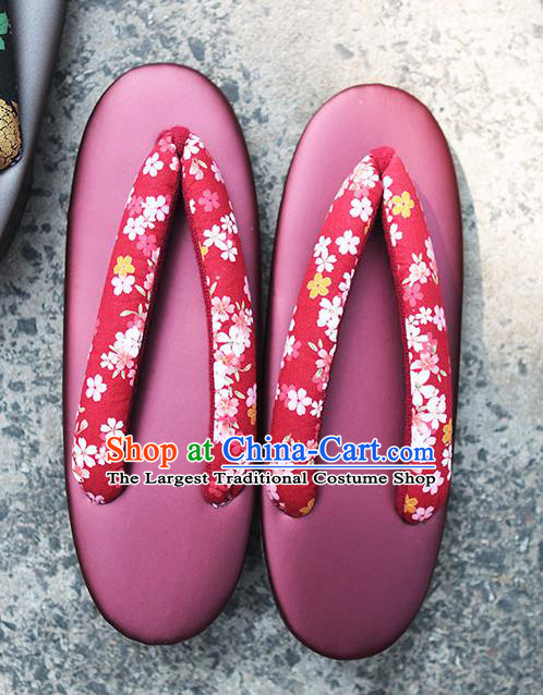 Traditional Japanese Sakura Pattern Wine Red Zori Geta Slippers Asian Japan Clogs Shoes for Women