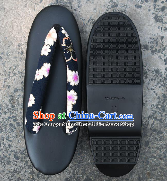 Traditional Japanese Sakura Pattern Black Zori Geta Slippers Asian Japan Clogs Shoes for Women