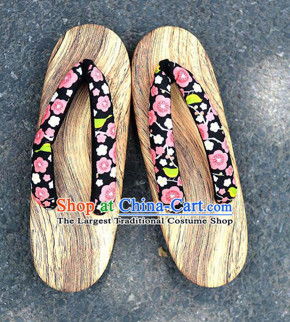 Traditional Japanese Plum Blossom Pattern Black Zori Geta Slippers Asian Japan Clogs Shoes for Women