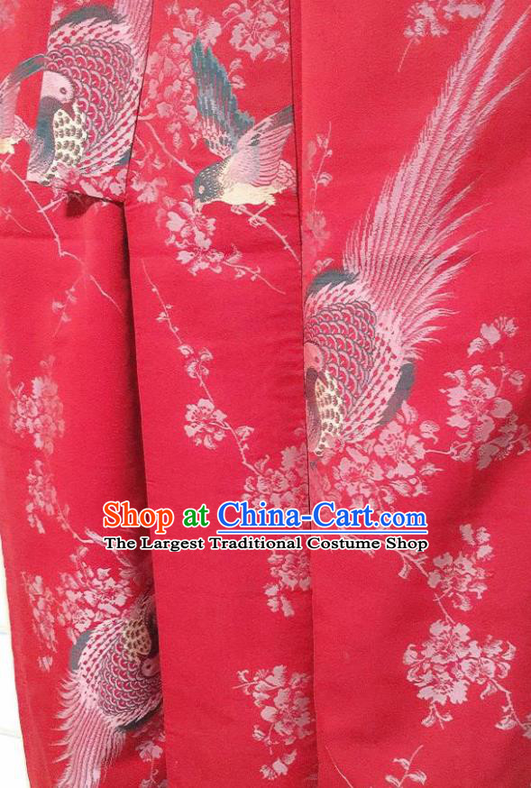 Traditional Japanese Embroidered Red Tsukesage Kimono Japan Classical Pheasant Pattern Yukata Dress Costume for Women