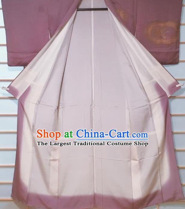 Traditional Japanese Purple Tsukesage Kimono Japan Classical Bamboo Fan Pattern Yukata Dress Costume for Women