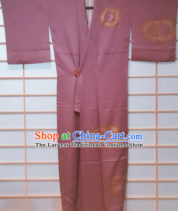 Traditional Japanese Purple Tsukesage Kimono Japan Classical Bamboo Fan Pattern Yukata Dress Costume for Women