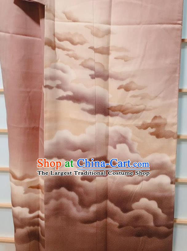 Traditional Japanese Brown Tsukesage Kimono Japan Classical Cloud Pattern Yukata Dress Costume for Women