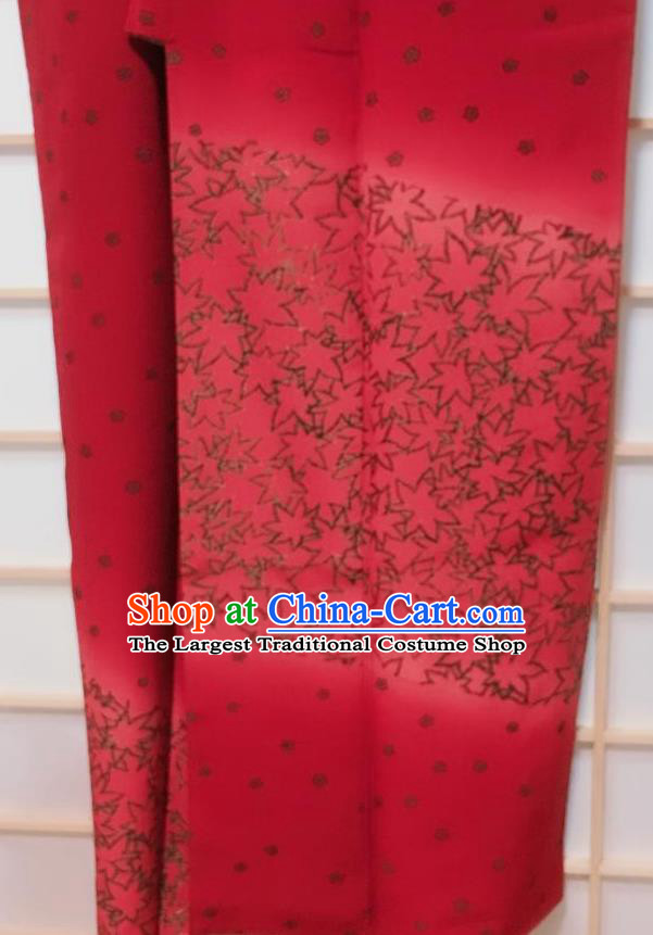 Traditional Japanese Dark Red Tsukesage Kimono Japan Classical Maple Leaf Pattern Yukata Dress Costume for Women