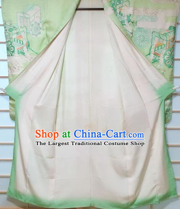 Traditional Japanese Light Green Furisode Kimono Japan Classical Gharry Pattern Yukata Dress Costume for Women