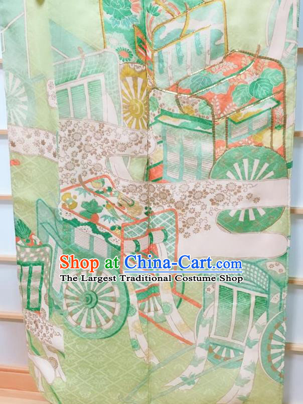 Traditional Japanese Light Green Furisode Kimono Japan Classical Gharry Pattern Yukata Dress Costume for Women