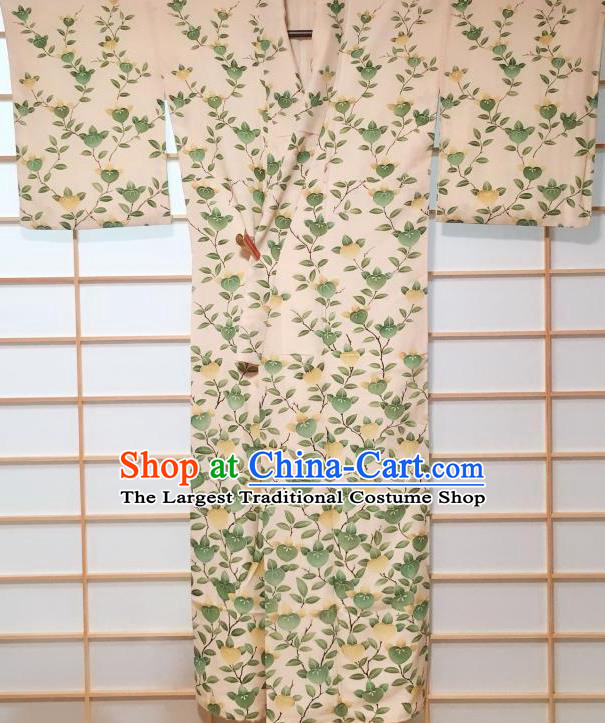 Traditional Japanese Beige Printing Kimono Japan Classical Flowers Pattern Yukata Dress Costume for Women