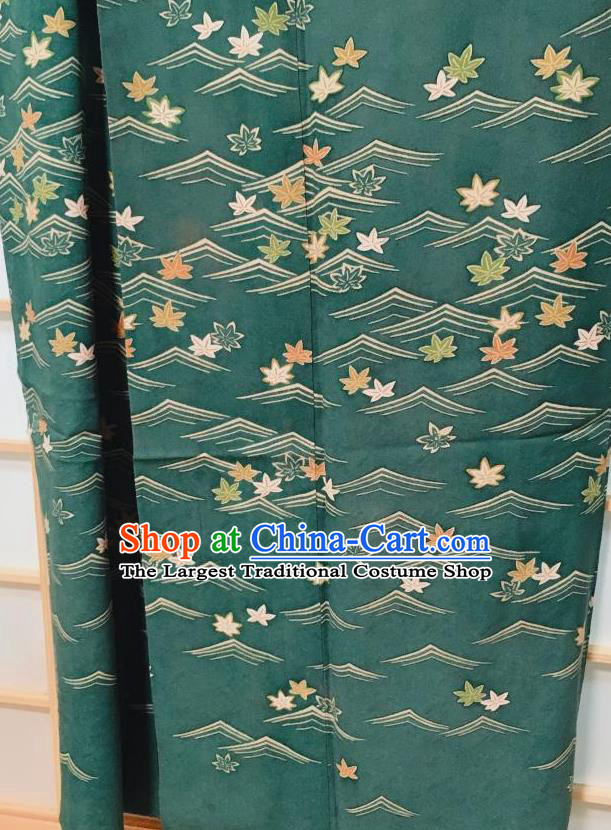 Traditional Japanese Deep Green Tsukesage Kimono Japan Classical Maple Leaf Pattern Yukata Dress Costume for Women