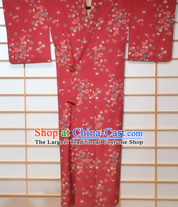 Traditional Japanese Rosy Kimono Japan Classical Maple Leaf Pattern Yukata Dress Costume for Women