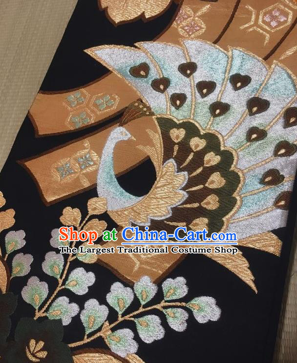 Japanese Nagoya Traditional Peacock Pattern Black Brocade Waistband Japan Kimono Yukata Belt for Women