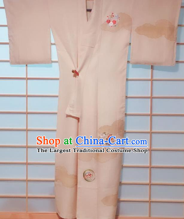 Traditional Japanese Beige Embroidered Tsukesage Kimono Japan Classical Chrysanthemum Pattern Yukata Dress Costume for Women