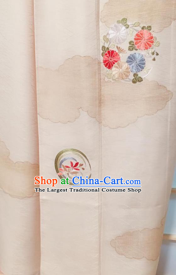 Traditional Japanese Beige Embroidered Tsukesage Kimono Japan Classical Chrysanthemum Pattern Yukata Dress Costume for Women