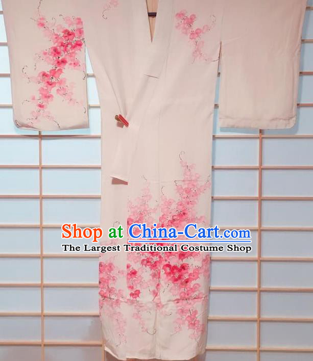 Traditional Japanese Printing Beige Tsukesage Kimono Japan Classical Grape Leaf Pattern Yukata Dress Costume for Women