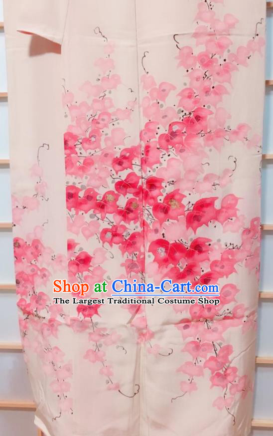 Traditional Japanese Printing Beige Tsukesage Kimono Japan Classical Grape Leaf Pattern Yukata Dress Costume for Women