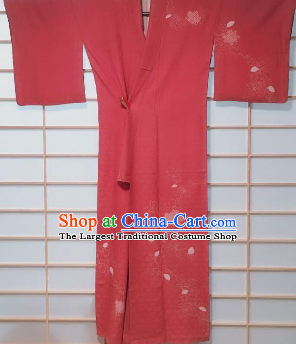 Traditional Japanese Deep Pink Tsukesage Kimono Japan Classical Tortoise Shell Pattern Yukata Dress Costume for Women