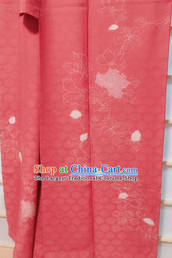 Traditional Japanese Deep Pink Tsukesage Kimono Japan Classical Tortoise Shell Pattern Yukata Dress Costume for Women