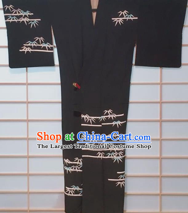 Traditional Japanese Black Tsukesage Kimono Japan Classical Bamboo Pattern Yukata Dress Costume for Women